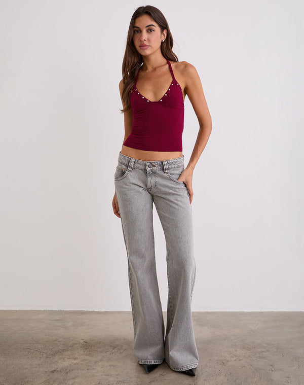 Motel Rocks Thorin Studded Top In Rayon Burgundy