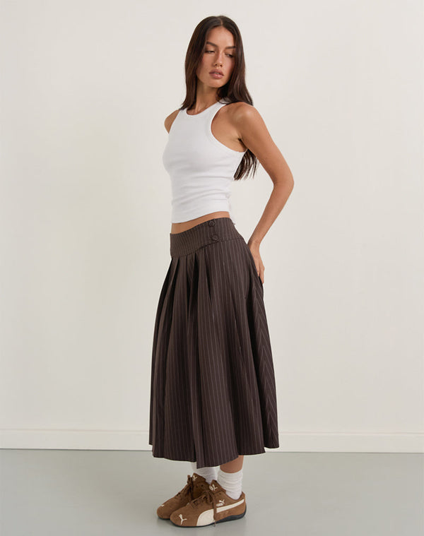 Motel Rocks Tisrah Skirt In Dark Brown Pinstripe