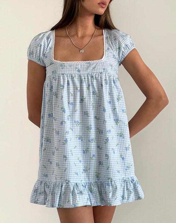 Motel Rocks Trim Mini Dress In Blue Flower Gingham
