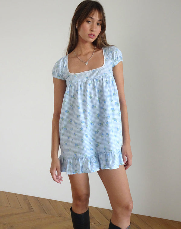motel rocks Trim Mini Dress in Blue Flower Gingham