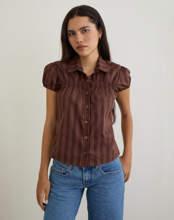 Motel Rocks Ulsan Shirt In Poplin Stripe Brown