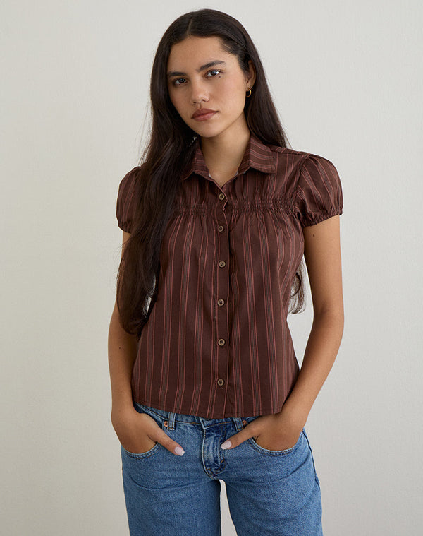 motel rocks Ulsan Shirt in Poplin Stripe Brown