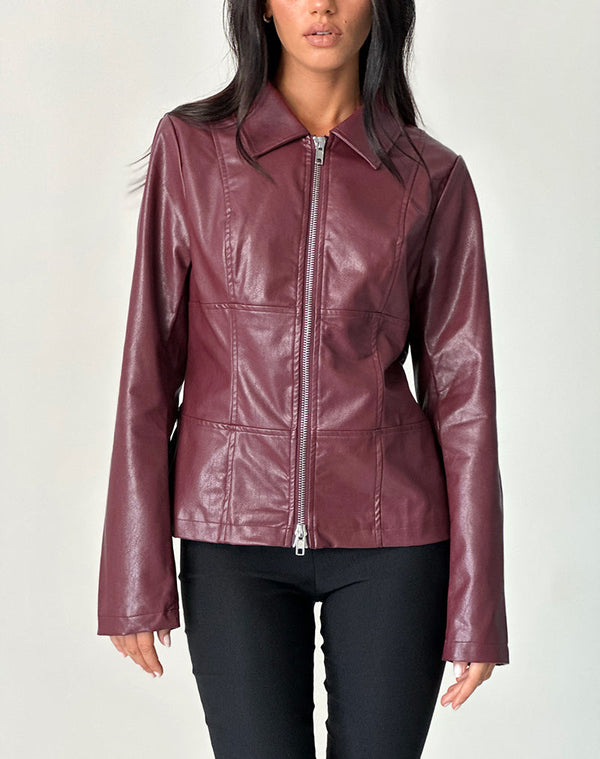 Motel Rocks Vincent Fitted Jacket In PU Burgundy