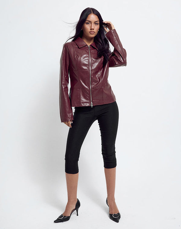 Motel Rocks Vincent Fitted Jacket In PU Burgundy