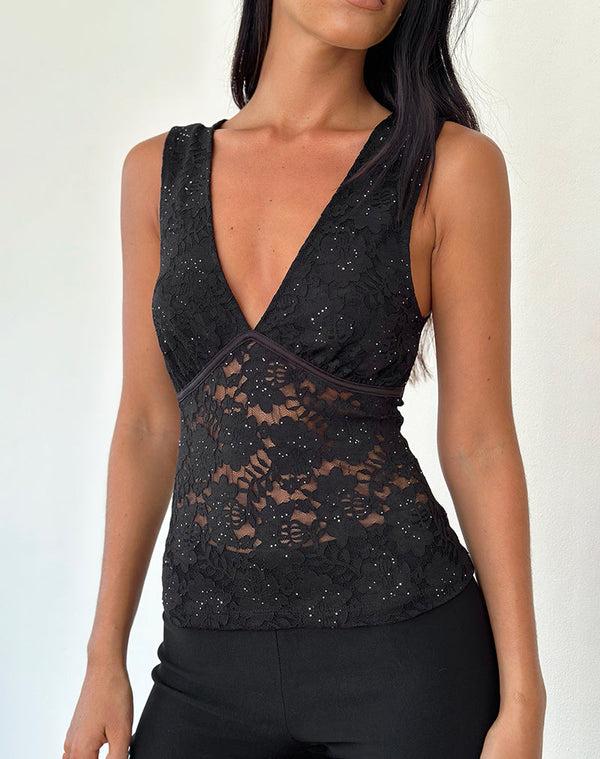 Motel Rocks Vishata Top In Black Sequin Lace