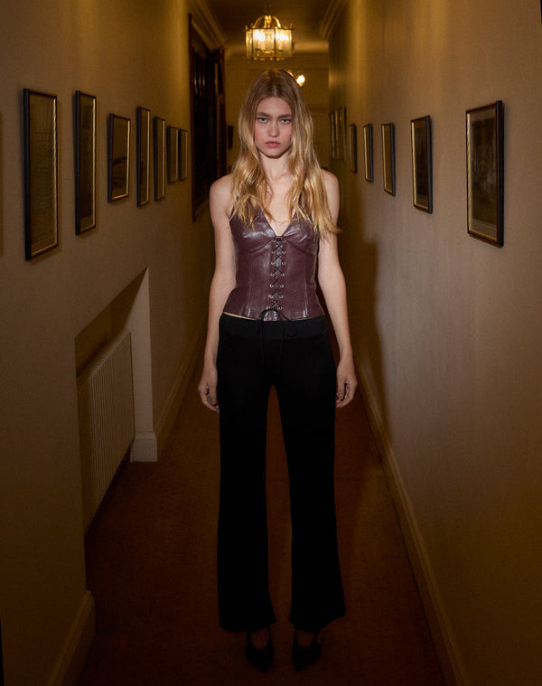 Motel Rocks Wahya Lace Up Halter Top In PU Plum