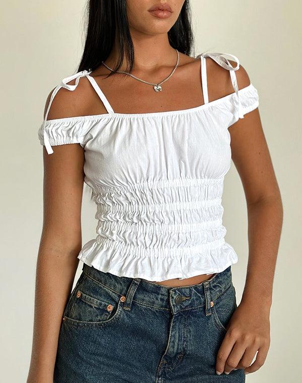 Motel Rocks Xavan Bardot Tie Shoulder Top In White