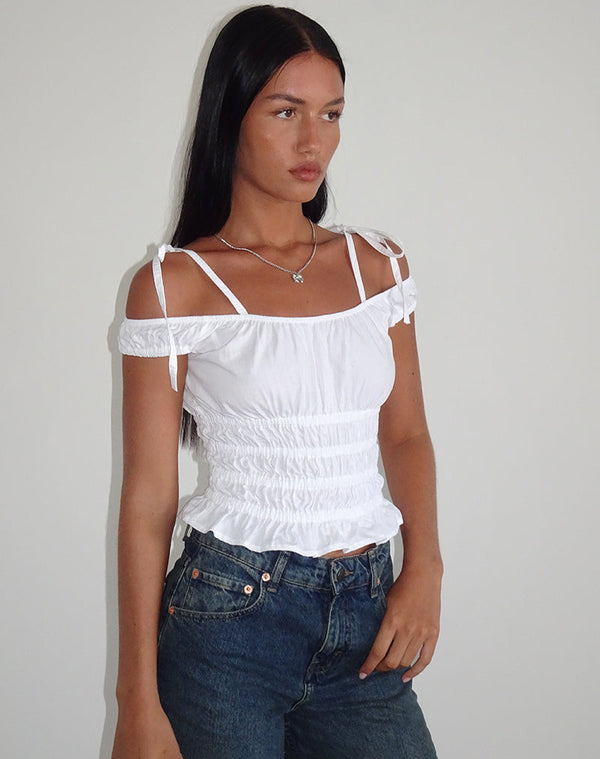 Motel Rocks Xavan Bardot Tie Shoulder Top In White