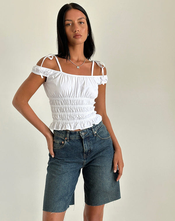 motel rocks Xavan Bardot Tie Shoulder Top in White