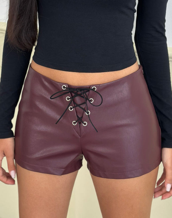 Motel Rocks Yakko Lace Up Hotpants In PU Plum