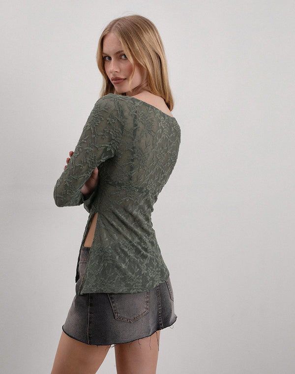 Motel Rocks Yamari Top In Jacquard Knit Green