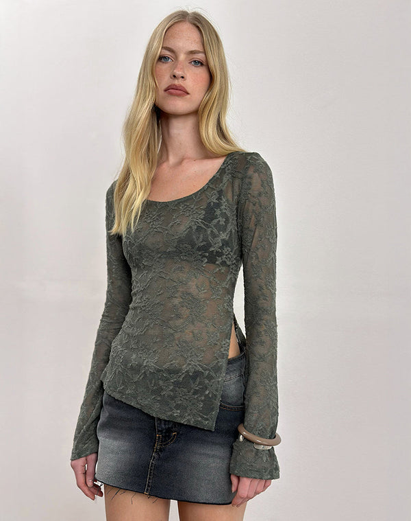 motel rocks Yamari Top in Jacquard Knit Green