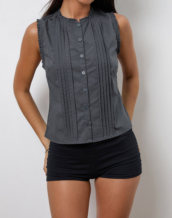 Motel Rocks Yara Blouse In Poplin Charcoal Grey