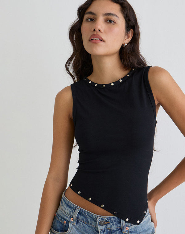 motel rocks Yetta Double Stud Vest Top in Black