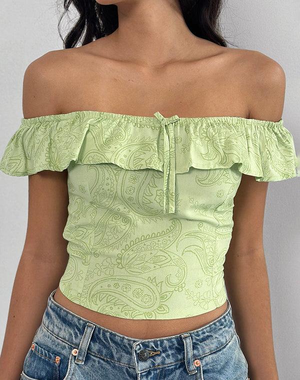 motel rocks Yokai Bardot Top in Retro Paisley Lime