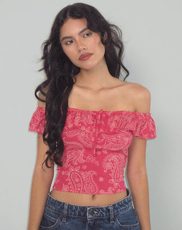 Motel Rocks Yokai Bardot Top In Retro Paisley Pink