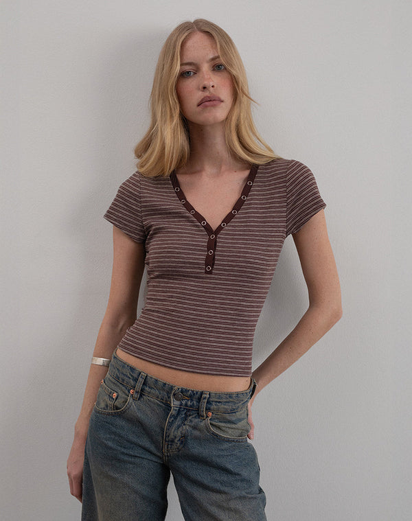Motel Rocks Yolla Top In Brown And Grey Stripe
