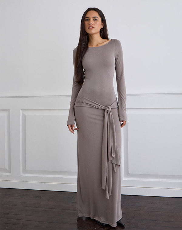 Motel Rocks Zeya Maxi Dress In Cupro Taupe Grey