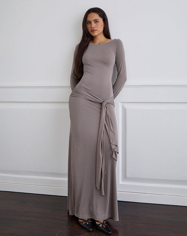 motel rocks Zeya Maxi Dress in Cupro Taupe Grey