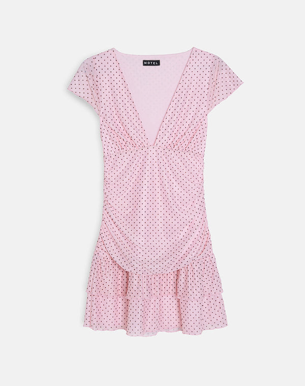 Motel Rocks Mowgli Cap Sleeve Mini Dress In Baby Pink With Micro Polka Black