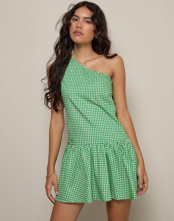 motel rocks Munasa One Shoulder Mini Dress in Mini Gingham Green