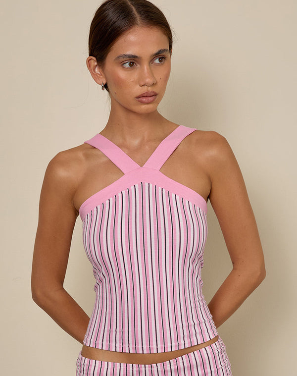 motel rocks Myer Wide Strap Halterneck Top in Pinstripe Pink