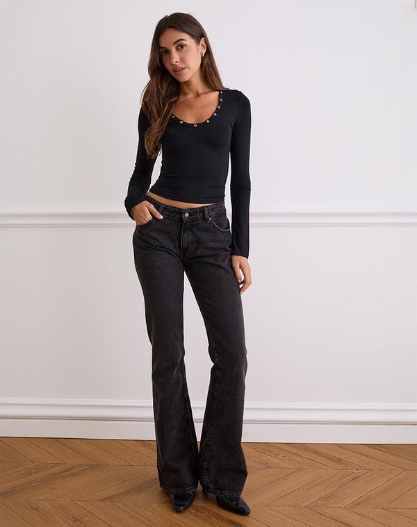 Motel Rocks Myoga Studded Scoop Long Sleeve Top In Black