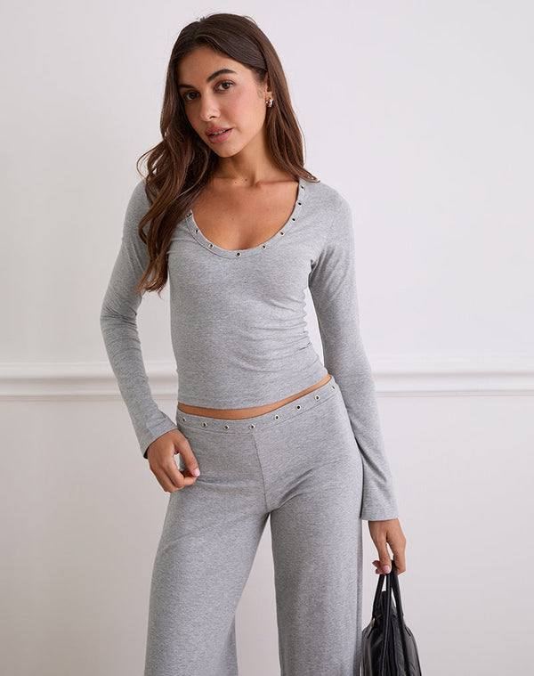 motel rocks Myoga Studded Scoop Long Sleeve Top in Grey Marl