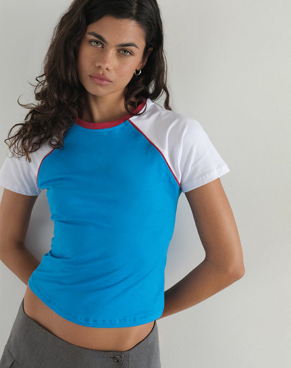 motel rocks Nagita Racer Top in Aqua Blue with Red Binding