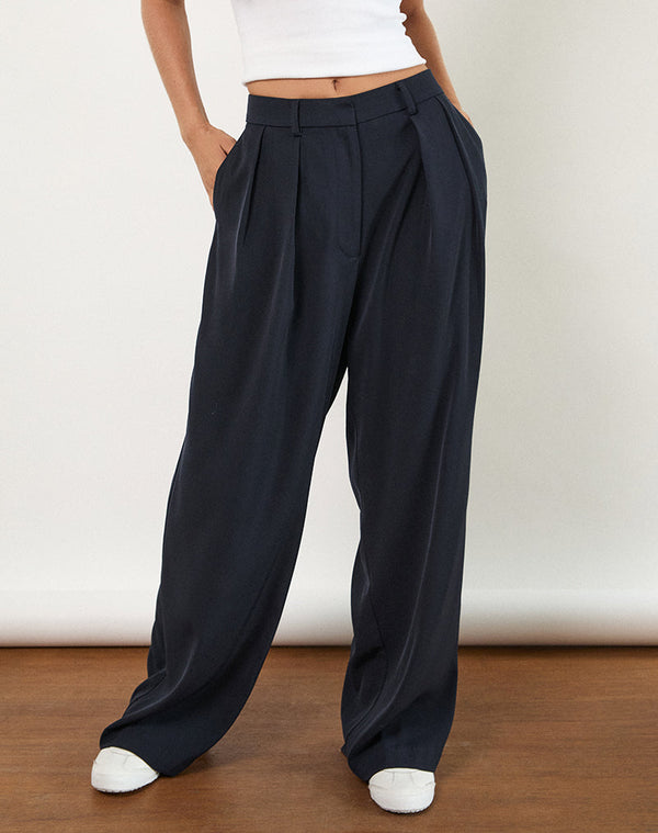 motel rocks Nala Wide Leg Pleated Trouser in Tailoring Navy