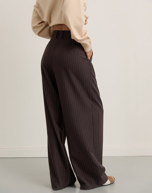 Motel Rocks Nala Wide Pleated Trouser In Dark Brown Pinstripe