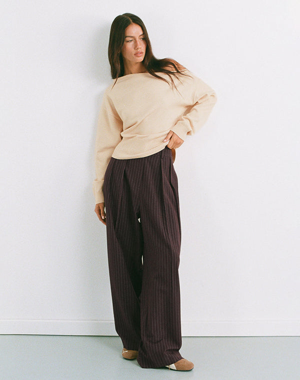 motel rocks Nala Wide Pleated Trouser in Dark Brown Pinstripe