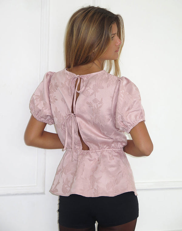 Motel Rocks Nambi Short Sleeve Top In Satin Jacquard Baby Pink