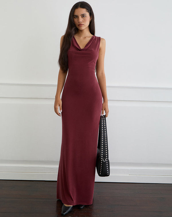 Motel Rocks Namra Cowl Neck Maxi Dress In Cupro Burgundy