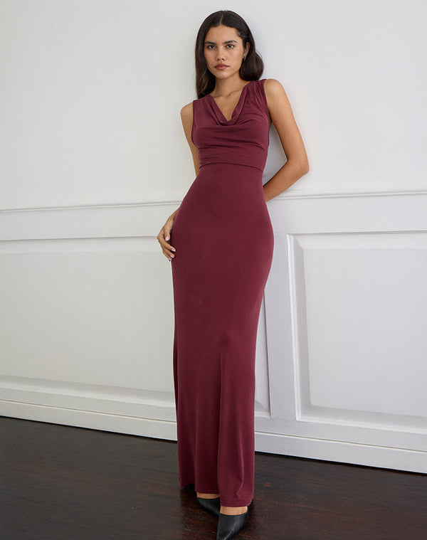 motel rocks Namra Cowl Neck Maxi Dress in Cupro Burgundy