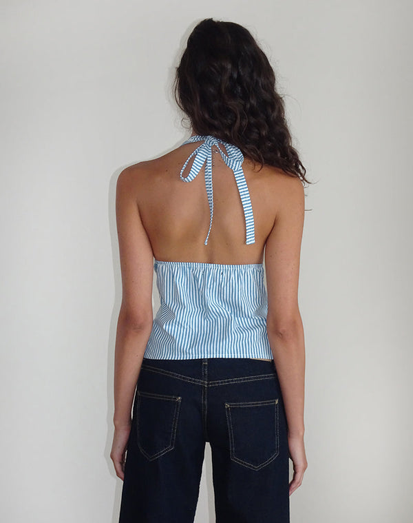 Motel Rocks Nandu Top In Poplin Blue Small Vertical Stripe