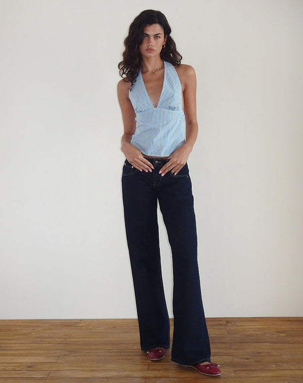 Motel Rocks Nandu Top In Poplin Blue Small Vertical Stripe