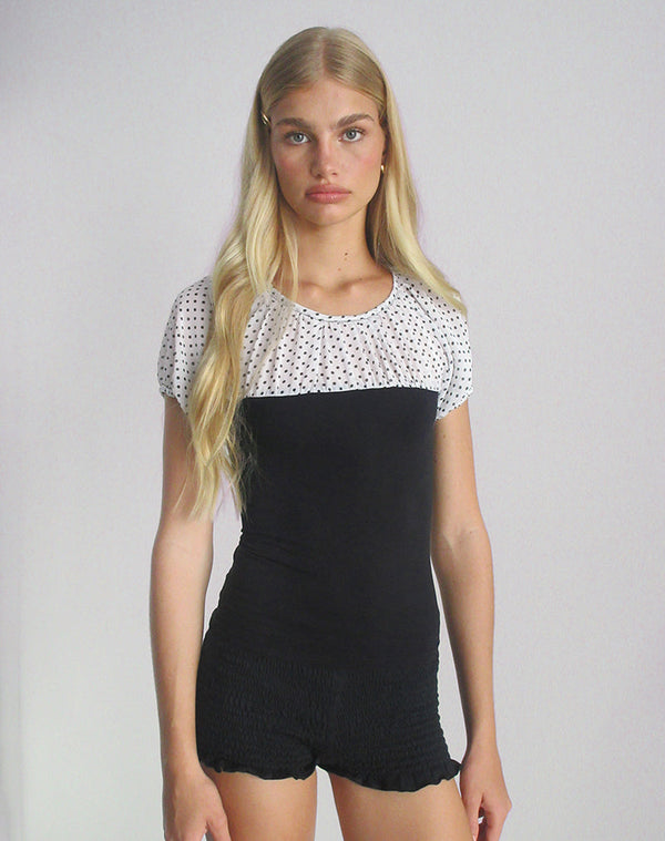 motel rocks Naria Top in Chiffon White Basic Polka Black