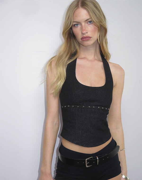 motel rocks Nasya Halter Top in Chambray Studs Black