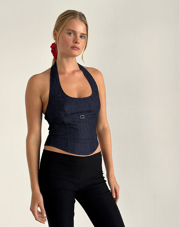Motel Rocks Nasya Halterneck Top In Chambray Indigo