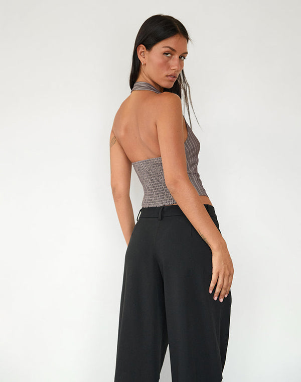 Motel Rocks Nasya Halterneck Top In Taupe Pinstripe Tailoring