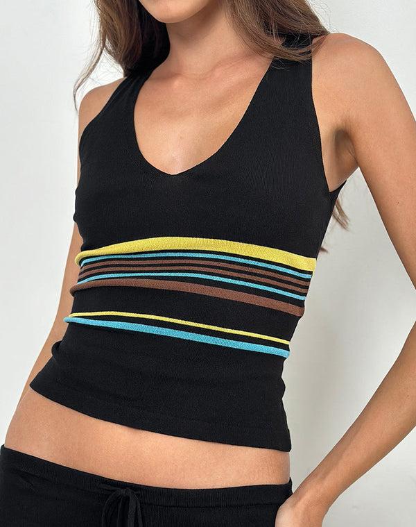 Motel Rocks Natcha Vest Top In Black With Brown And Blue Stripes
