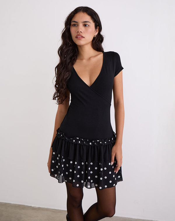Motel Rocks Navya Wrap Mini Dress In Polka Black And White