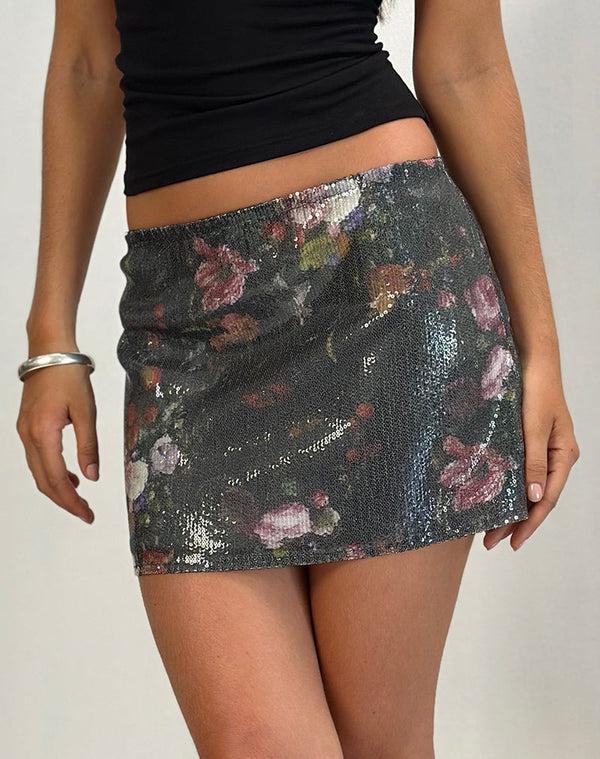 Motel Rocks Nidya Mini Skirt In Sequin Vintage Flower