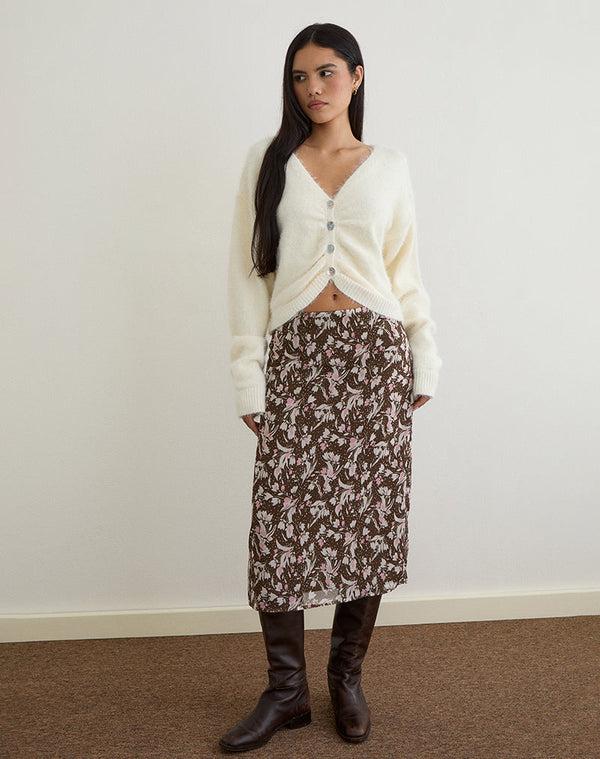 Motel Rocks Nimas Midi Skirt In Brown And Pink Polka Flower Chiffon