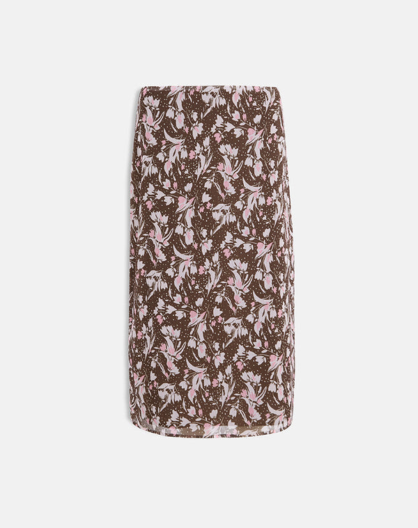 Motel Rocks Nimas Midi Skirt In Brown And Pink Polka Flower Chiffon