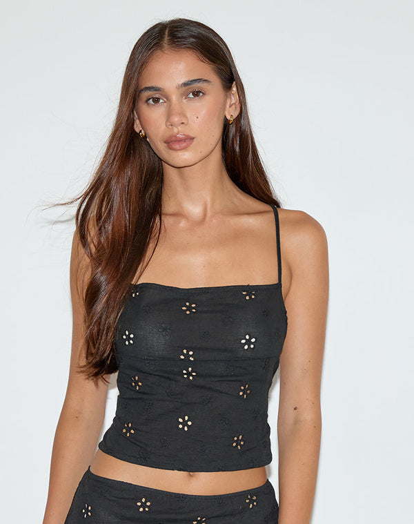 motel rocks Nobita Cami Top in Flower Broderie Black