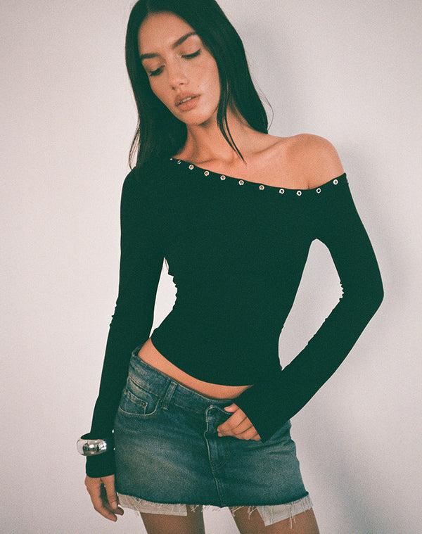 Motel Rocks Noraba One Shoulder Top In Black With Eyelets