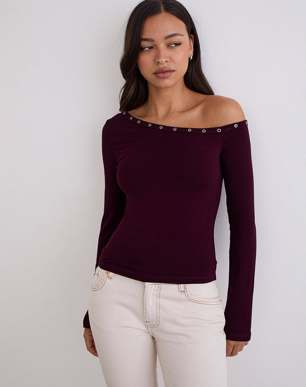 Motel Rocks Noraba One Shoulder Top In Red Wood With Eyelets
