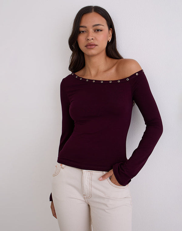 motel rocks Noraba One Shoulder Top in Red Wood with Eyelets